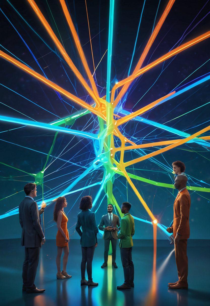 A vibrant network of glowing connections between diverse characters interacting joyfully, showcasing engagement and delight in a colorful, futuristic setting. Bright, interconnected nodes symbolize communication and growth, with beams of light radiating warmth and positivity. Soft gradients of blue, green, and orange enhance the visual appeal. super-realistic. vibrant colors. futuristic style.