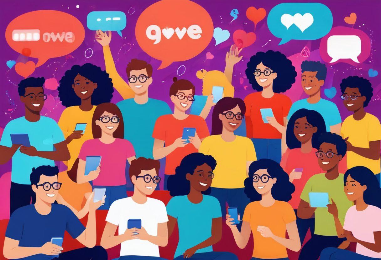 A vibrant, diverse group of people engaging joyfully in a digital space, surrounded by colorful devices and interactive screens. The scene features people of various ages and backgrounds, sharing smiles and ideas, with symbols of community like hearts and chat bubbles in the background. Bright colors and playful design elements create a warm atmosphere, illustrating a cheerful digital experience. vector art. vibrant colors. flat design.